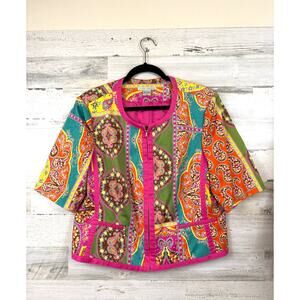Peter Nygard Womens 16 Pink Multi Paisley Boho Short Sleeve Blazer Jacket coat